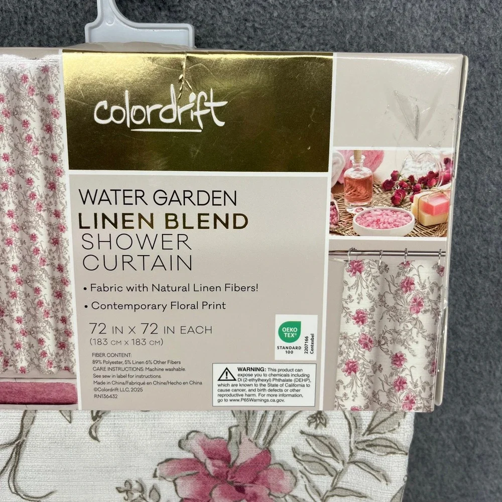 Colordrift Shower Curtain 72x72 Ivory Pink Floral Water Garden Linen Blend